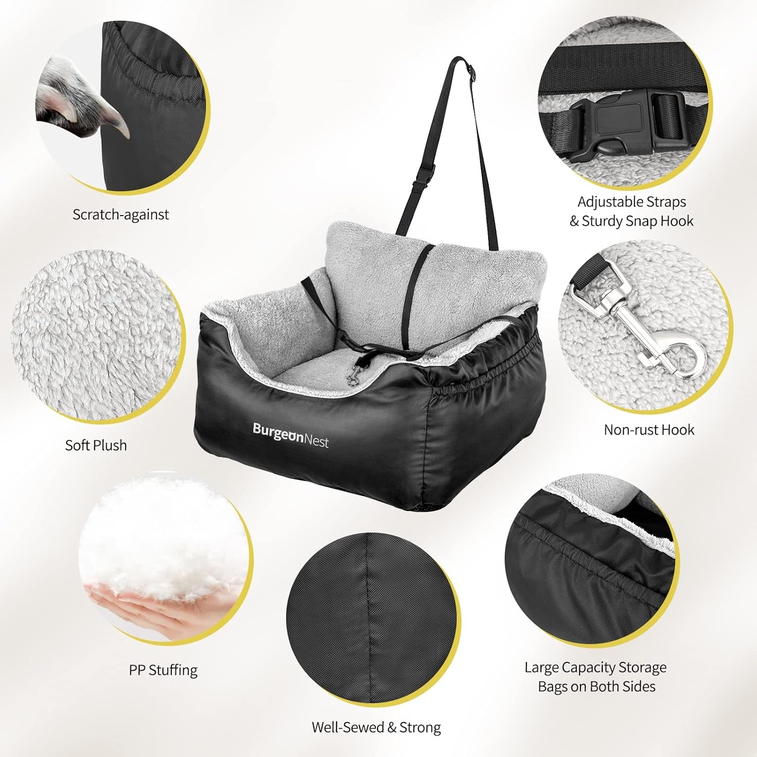 Dog Car Seat for Small Dogs, Soft Pet Car Travel Home Bed under 25 Lbs, Fully Detachable and Washable Cat Booster Carseats with Storage Pockets and Clip-On Leash Portable Carrier,Black