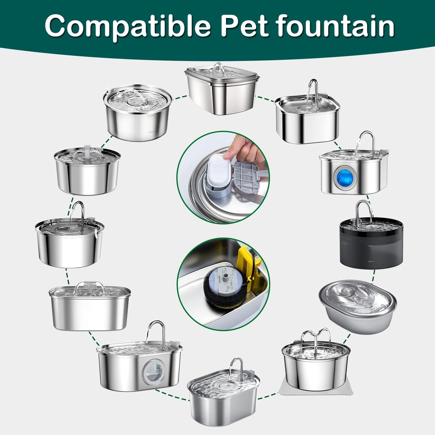 Cat Water Fountain Filter,16 Pack Cat Fountain Replacement Filters for Stainless Steel 67Oz/2L Adjustable Water Flow Pet Water Fountain,Dog Water Fountain (8+8 Pack)