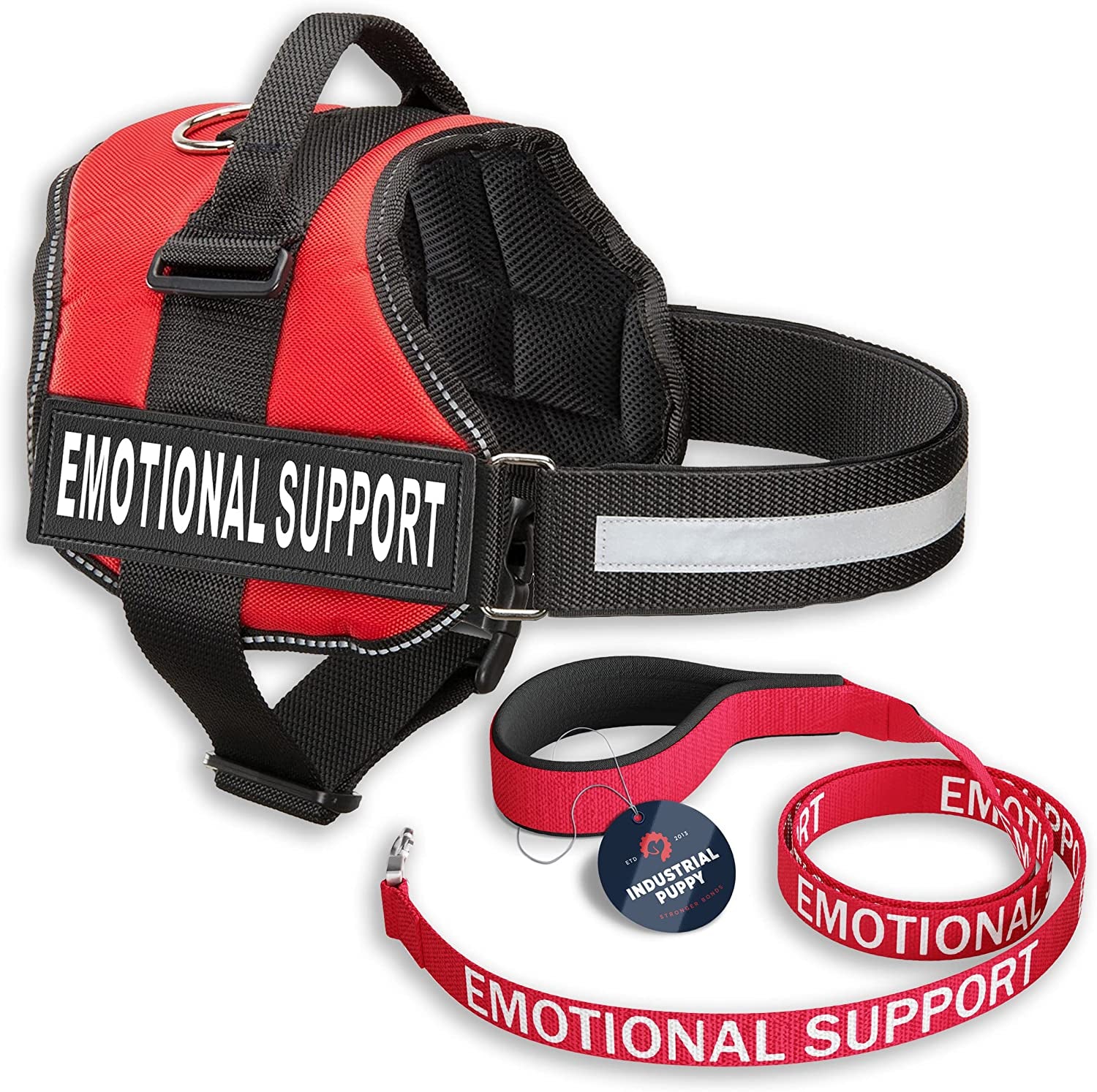 Emotional Support Vest Harness with Hook, Loop Straps and Handle, 2 Reflective Service Emotional Support Self-Adhesive Straps, ESA Matching Leash Set, Dog Accessories, XS, Bright Red